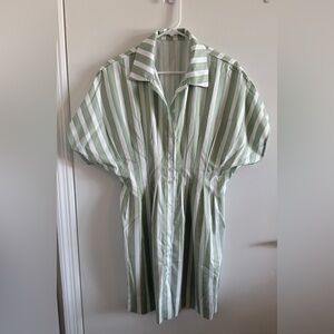 Green and White Striped Button-Up Dress